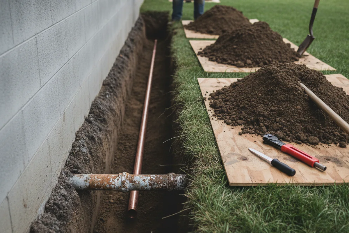 Excavated water line trench during Sewer Line Repair in Cedar Rapids